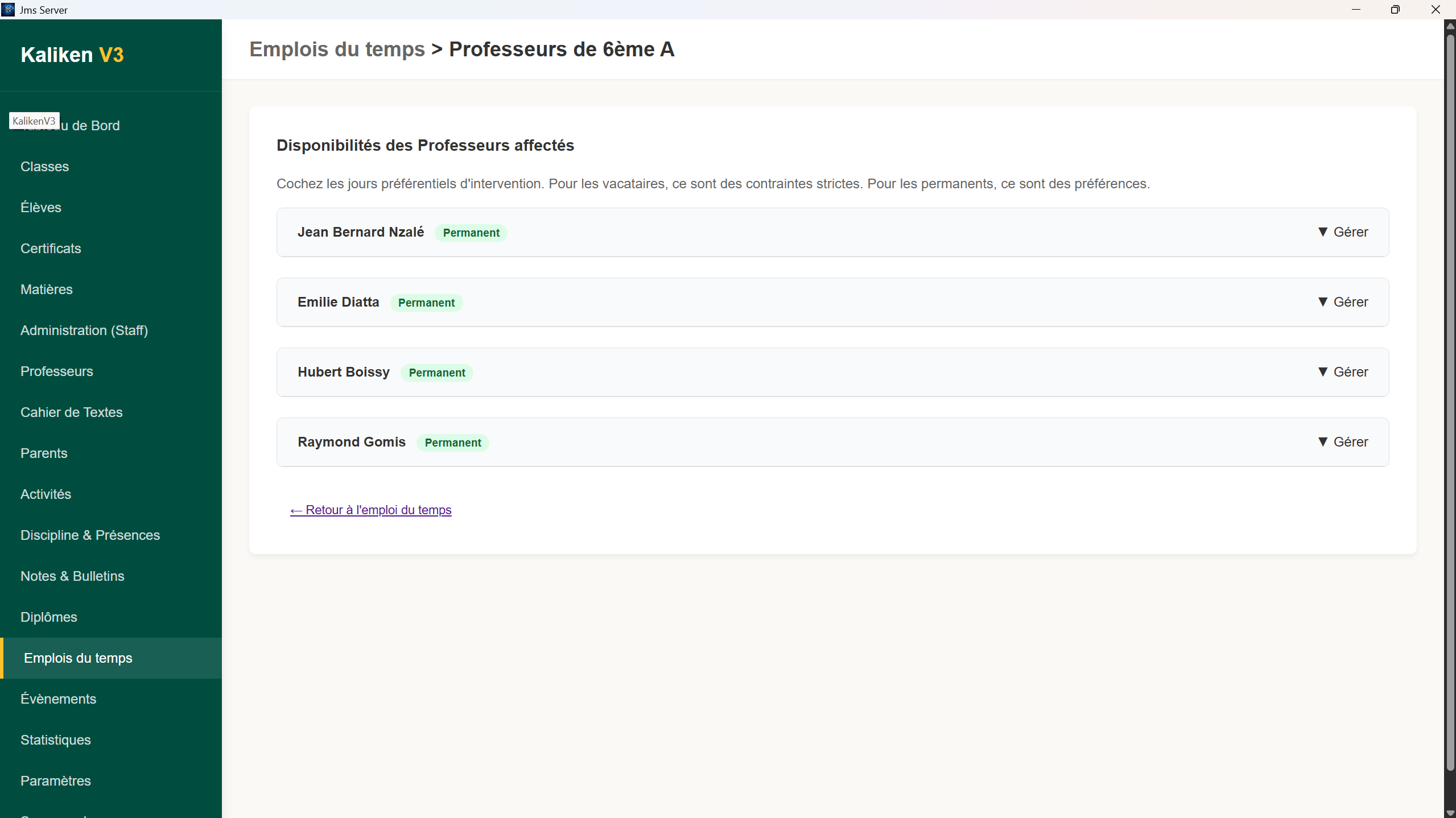 Emploi du temps — vue 2